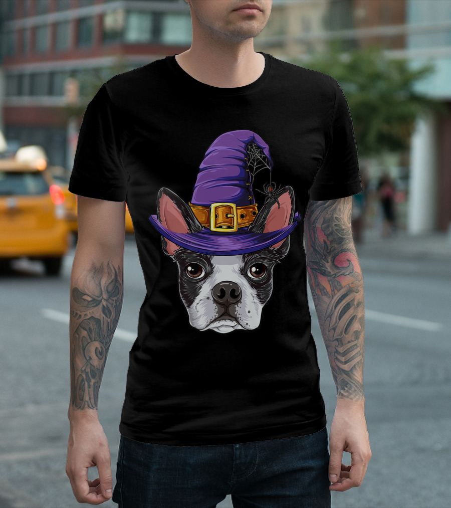 Boston Terrier Witch Hat Halloween Kids Girls Women Dog T-Shirt