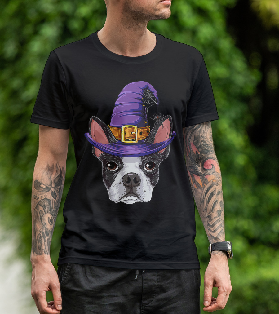 Boston Terrier Witch Hat Halloween Kids Girls Women Dog T-Shirt