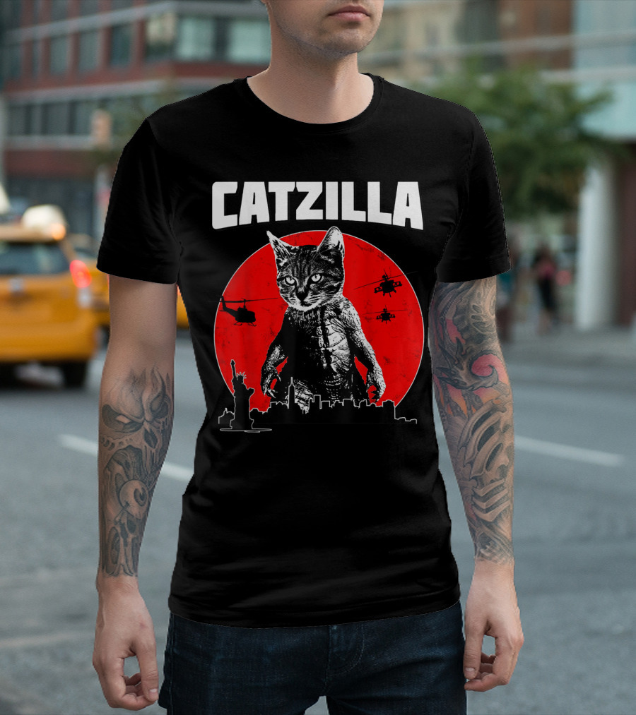 CATZILLA Funny Kitty with Helicopters and Statue of Liberty in Cityscape T-Shirt