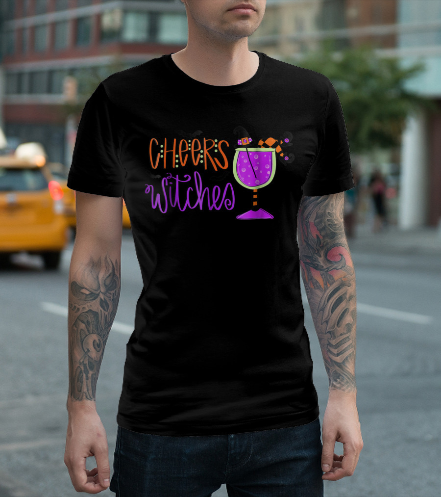 Cheers Witches Fun Witch Hat And Bats With Purple Potion Glass T-Shirt