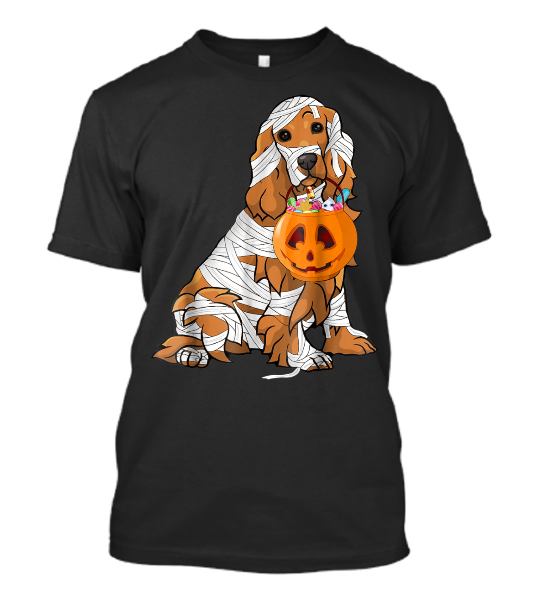 Cocker Spaniel Wrapped As Mummy With Halloween Pumpkin Basket T-Shirt