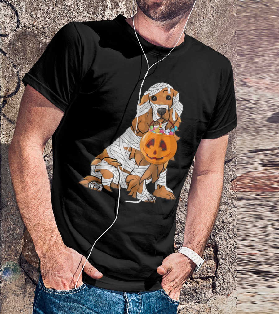 Cocker Spaniel Wrapped As Mummy With Halloween Pumpkin Basket T-Shirt