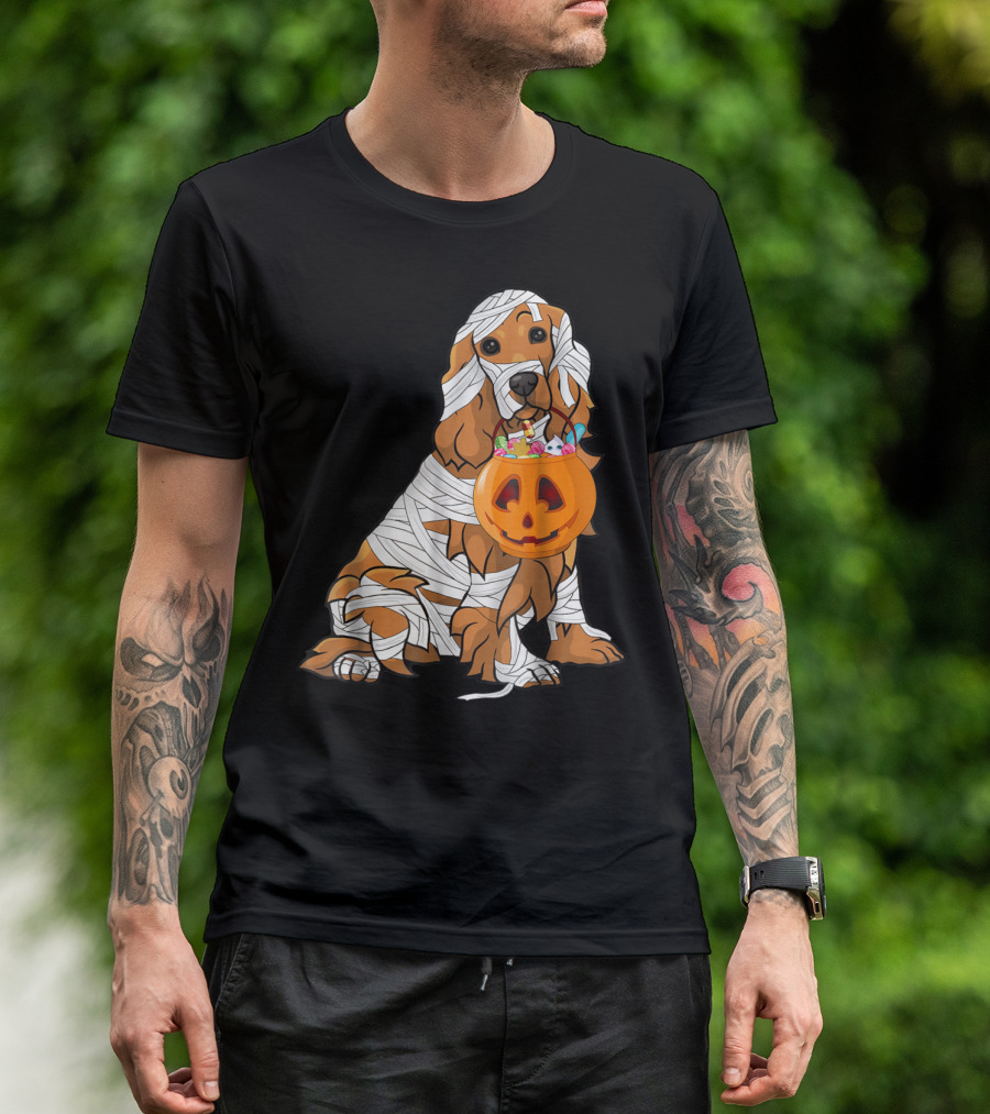 Cocker Spaniel Wrapped As Mummy With Halloween Pumpkin Basket T-Shirt
