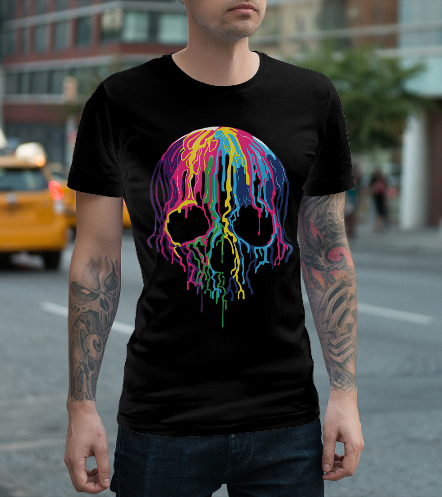 Colorful Melting Rainbow Skull Dripping Multicolor Spectrum T-Shirt