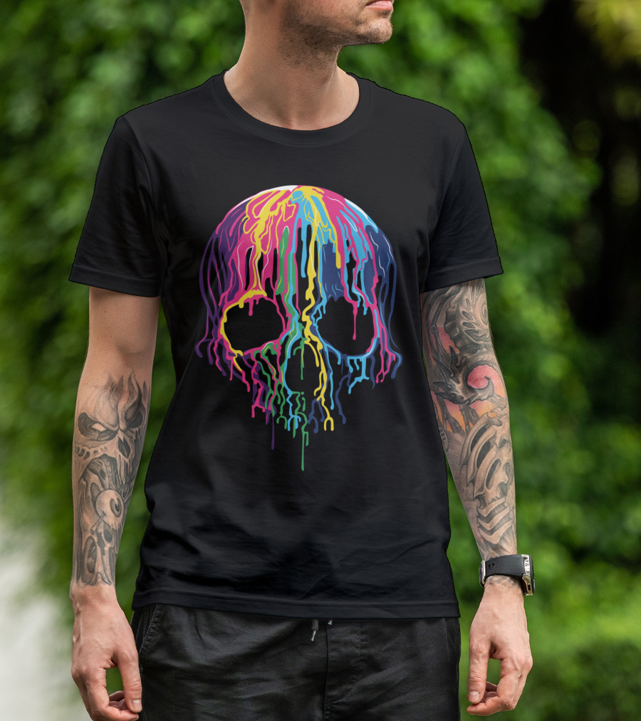 Colorful Dripping Skull Art Psychedelic Rainbow Palette T-Shirt