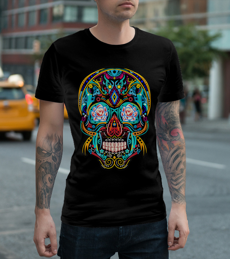 Colorful Sugar Skull Day of Dead Día de los Muertos Roses Floral T-Shirt