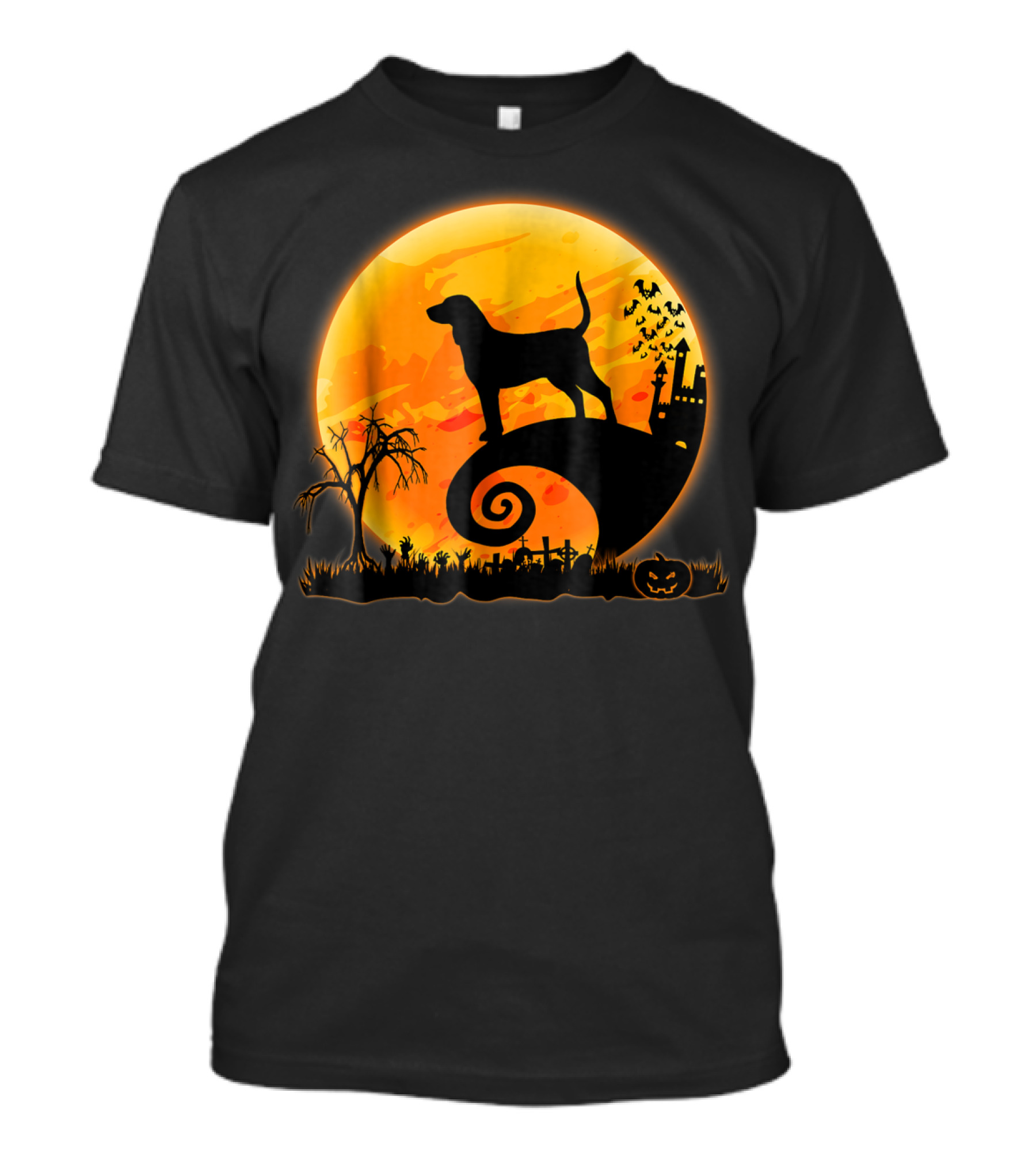 Coonhound Dog And Moon Halloween Silhouette With Pumpkin And Haunted Scene T-Shirt