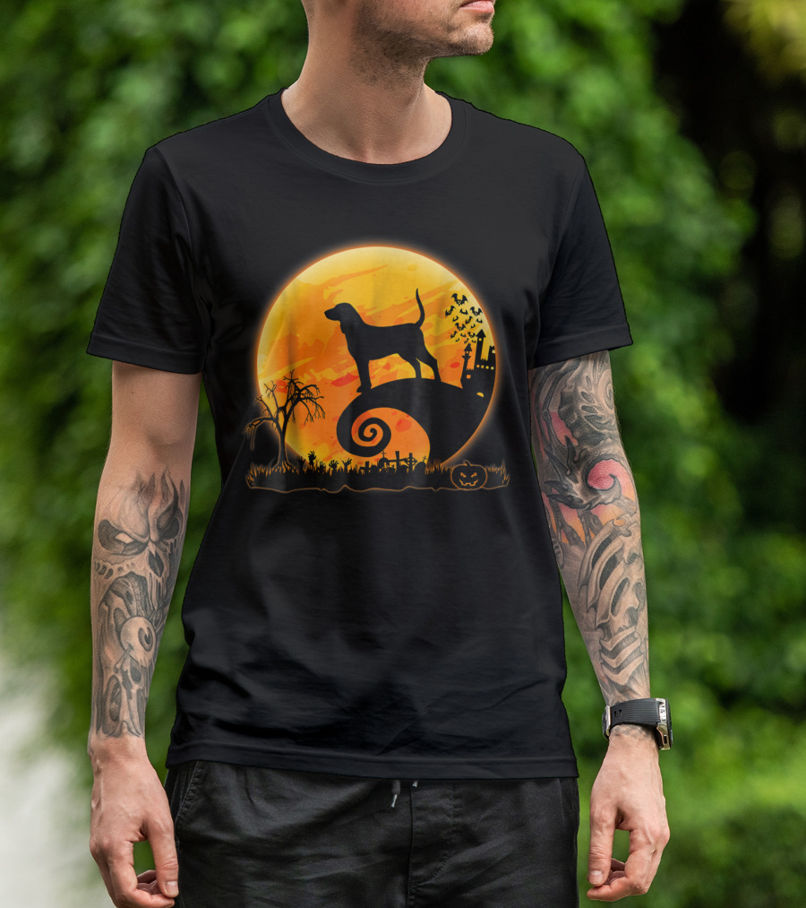 Coonhound Dog And Moon Halloween Silhouette With Pumpkin And Haunted Scene T-Shirt