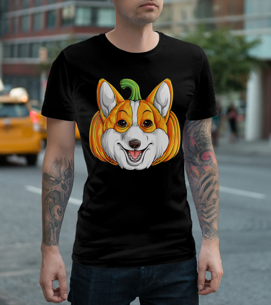 Corgi Pumpkin Halloween Kids Boys Thanksgiving Dog Face T-Shirt