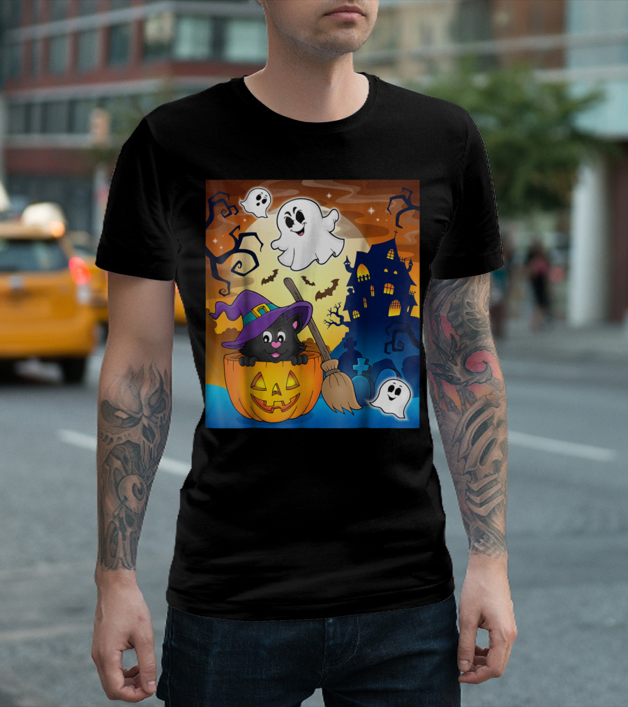 Cute Halloween Cat in Pumpkin with Ghosts and Haunted House T-Shirt