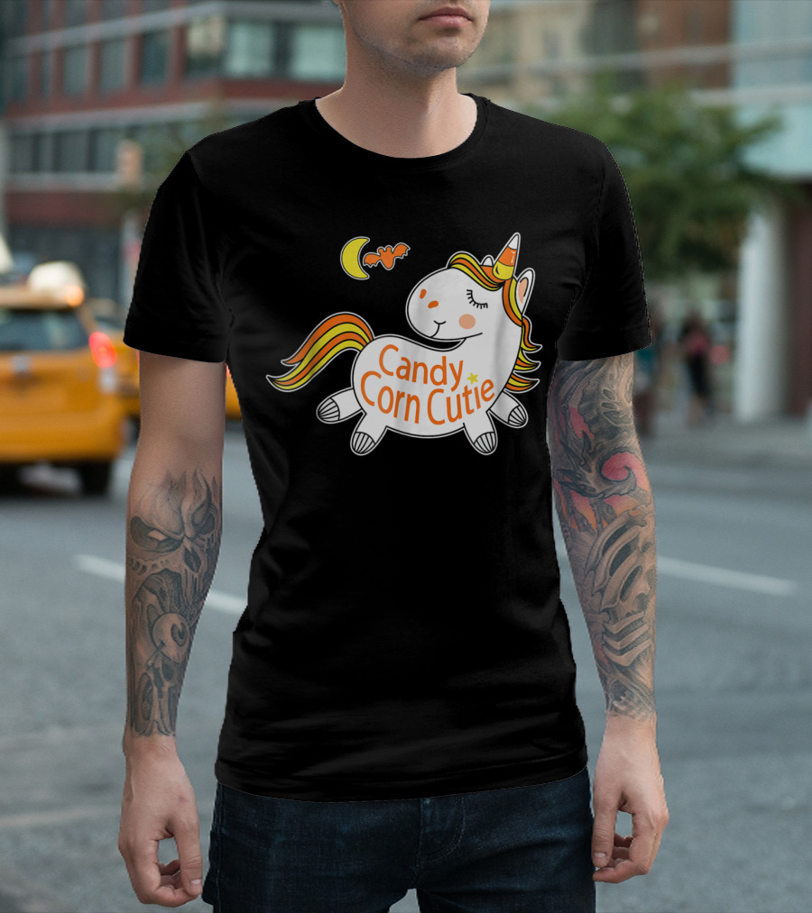 Halloween Candy Corn Cutie Unicorn with Bat and Crescent Moon T-Shirt