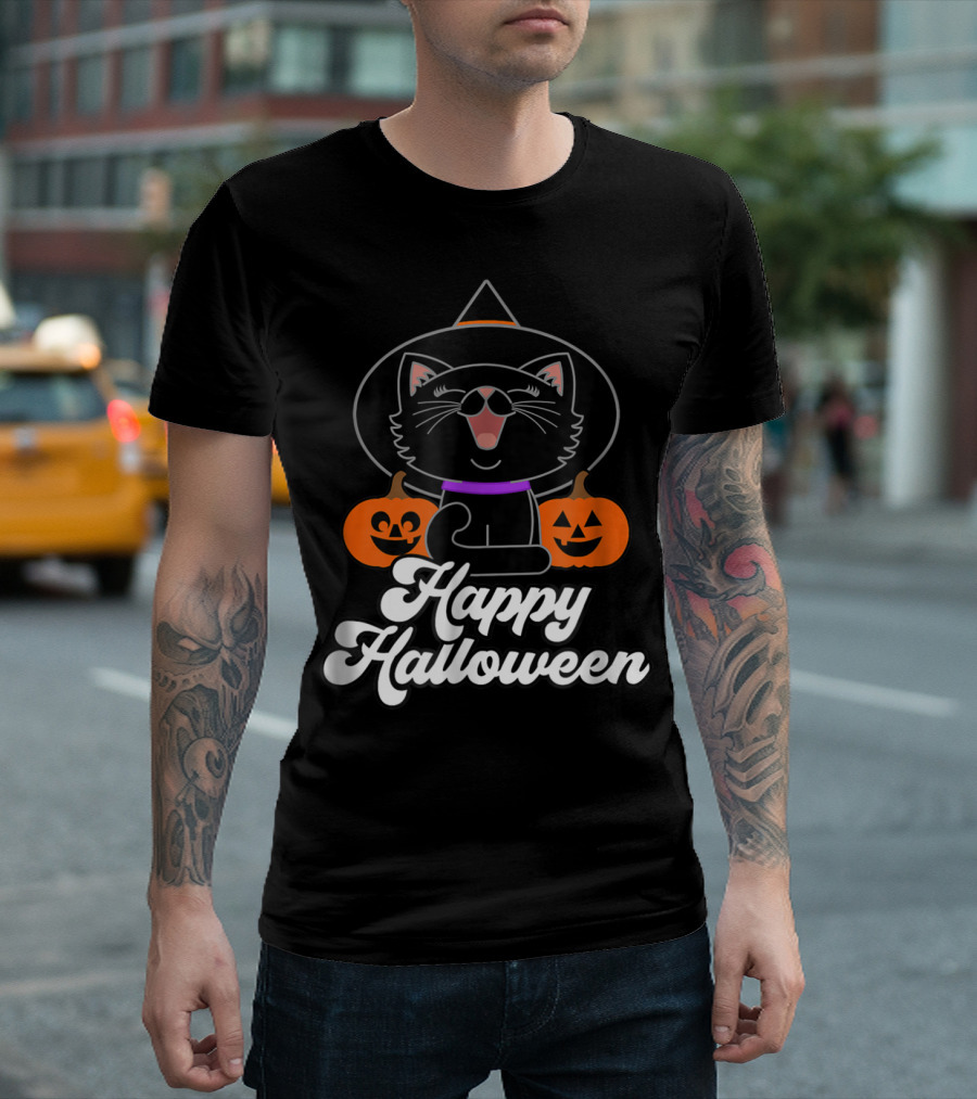 Happy Halloween Black Cat Witch Hat Pumpkins T-Shirt