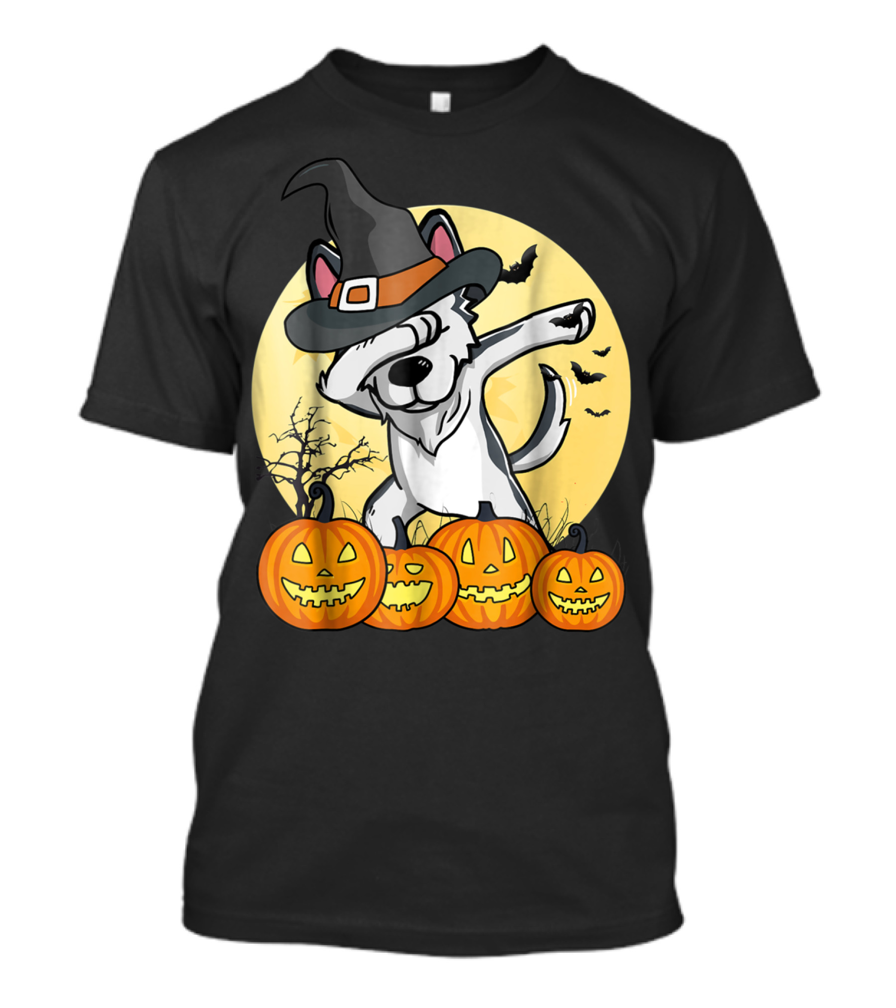 Halloween Dabbing Husky Witch Hat Pumpkins Moon Bats Dance Dog T-Shirt