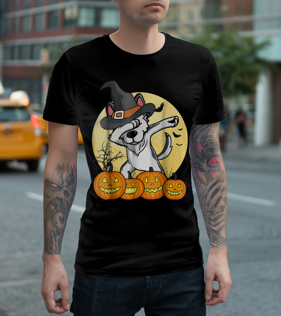 Halloween Dabbing Husky Witch Hat Pumpkins Moon Bats Dance Dog T-Shirt
