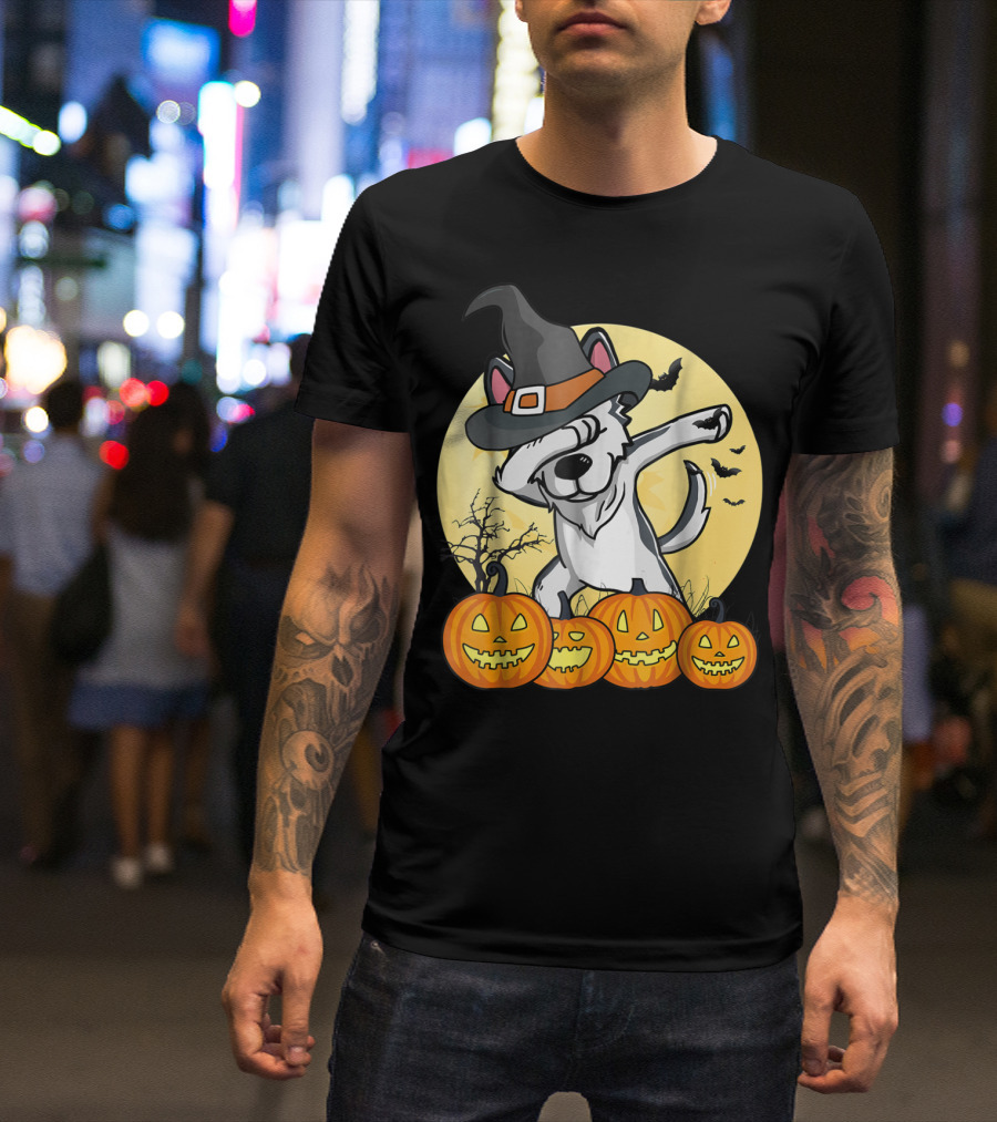 Halloween Dabbing Husky Witch Hat Pumpkins Moon Bats Dance Dog T-Shirt