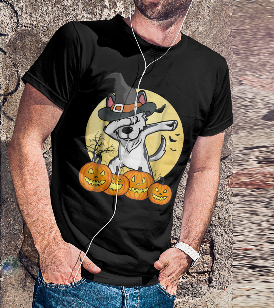 Halloween Dabbing Husky Witch Hat Pumpkins Moon Bats Dance Dog T-Shirt