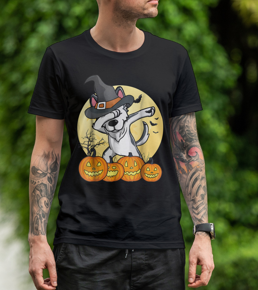 Halloween Dabbing Husky Witch Hat Pumpkins Moon Bats Dance Dog T-Shirt