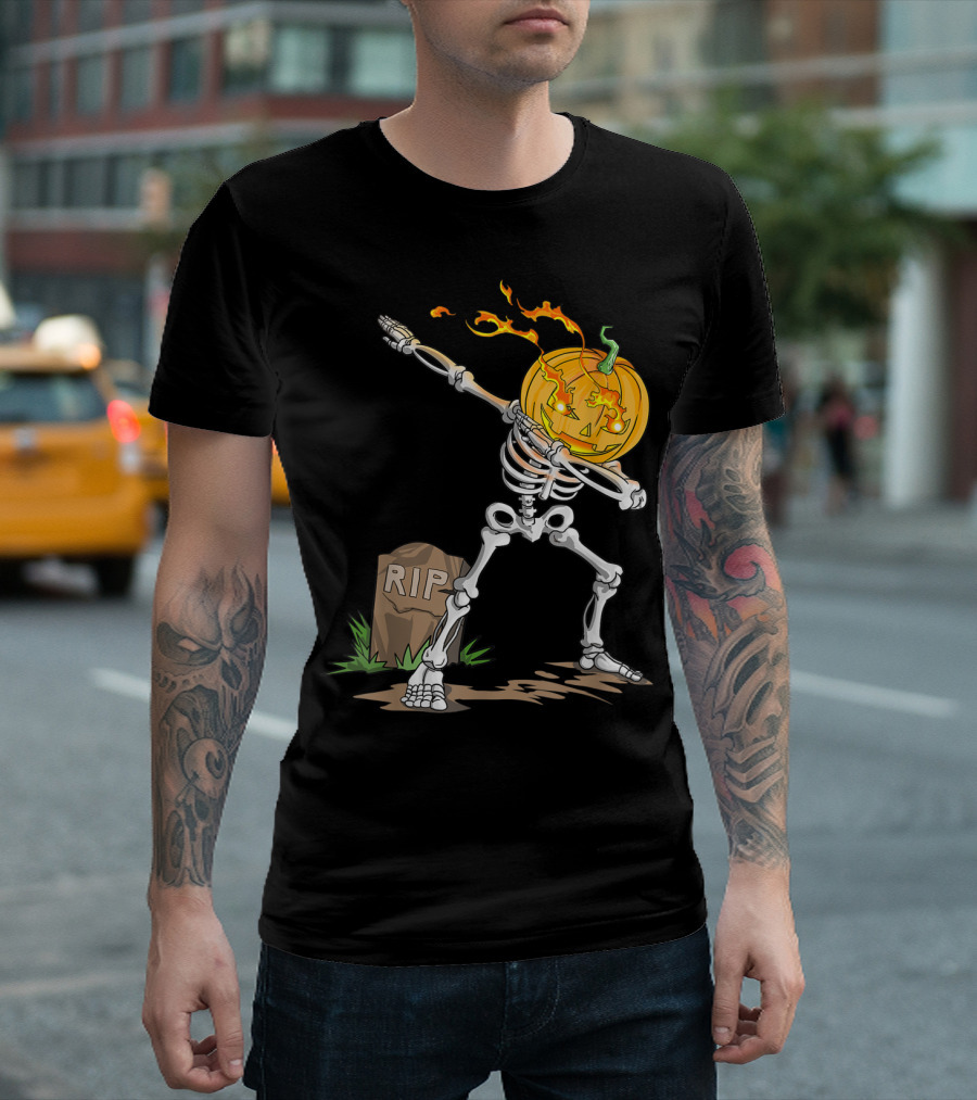 Flaming Pumpkin Head Dabbing Skeleton RIP Halloween T-Shirt