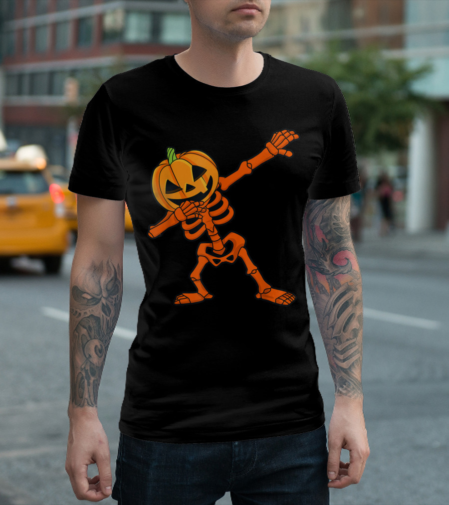 Dabbing Skeleton Pumpkin Head Halloween Dab Pose T-Shirt