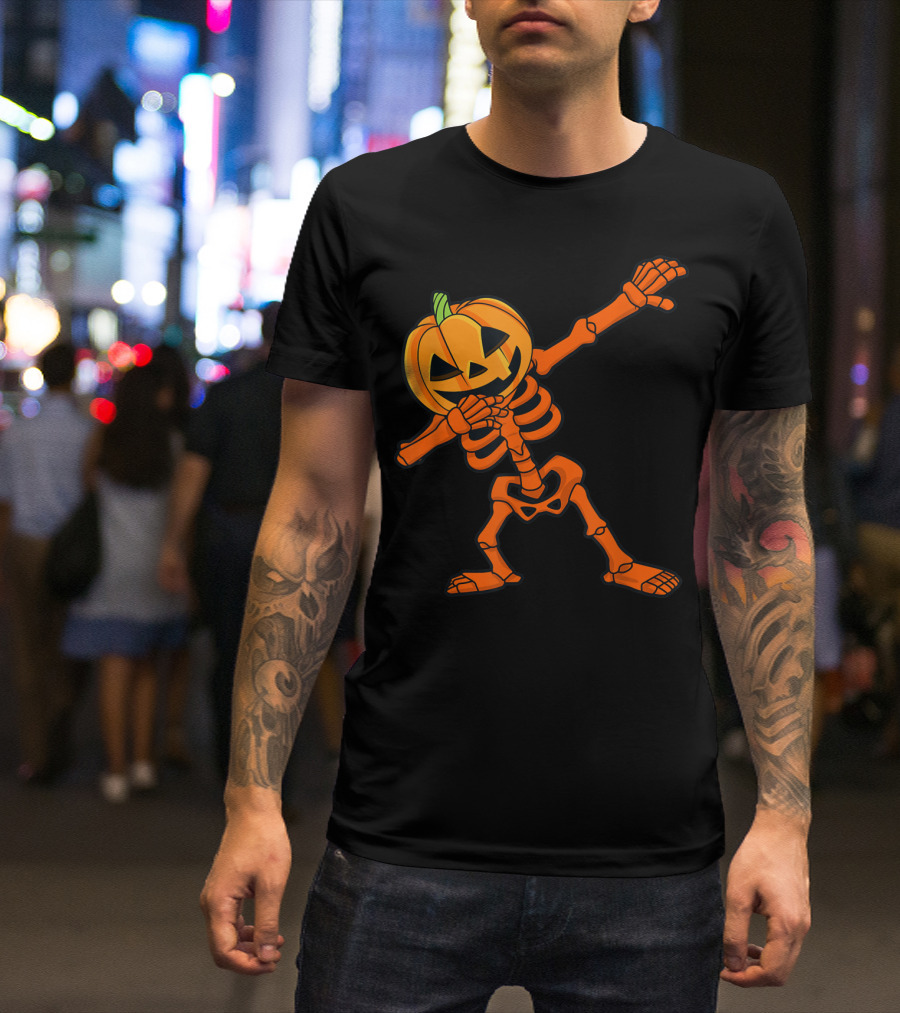 Dabbing Skeleton Pumpkin Head Halloween Dab Pose T-Shirt
