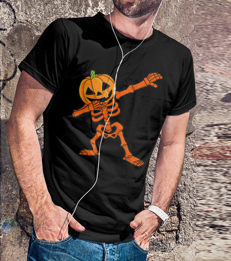 Dabbing Skeleton Pumpkin Head Halloween Dab Pose T-Shirt