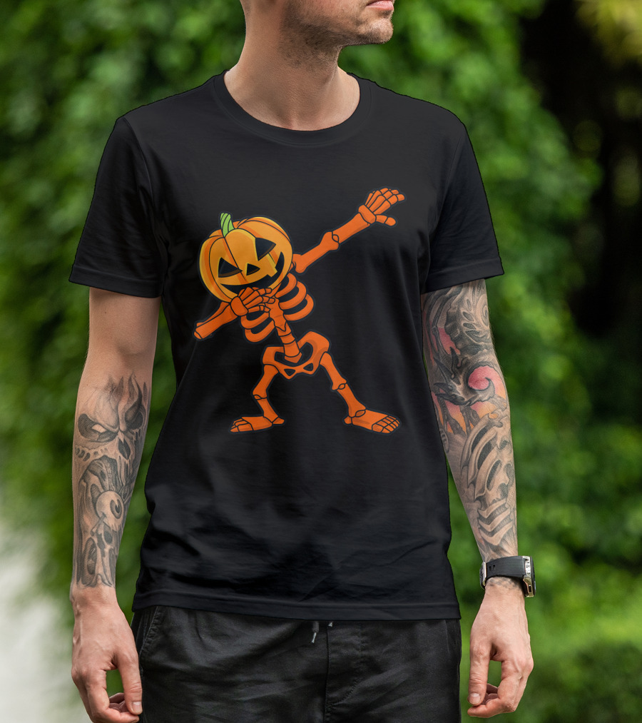 Dabbing Skeleton Pumpkin Head Halloween Dab Pose T-Shirt