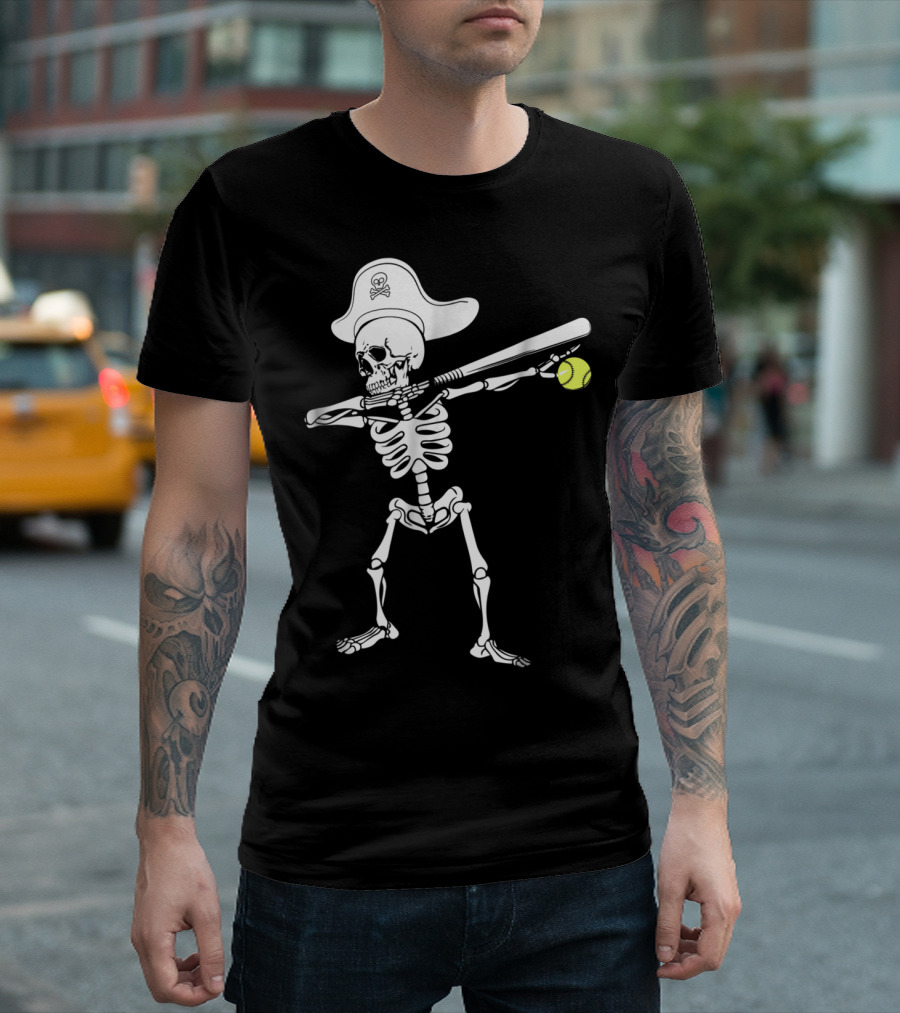 Dabbing Skeleton Softball Pirate Hat Batting Pose T-Shirt