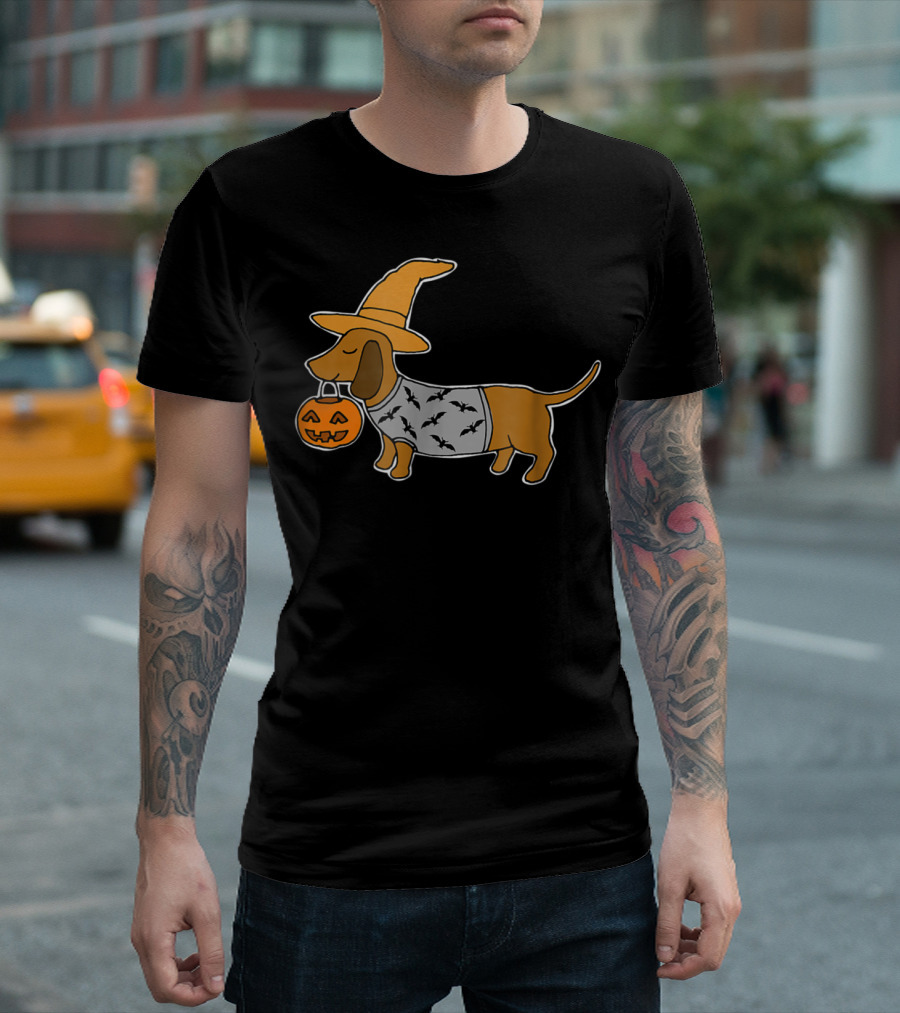 Daschund Halloween Witch Hat Pumpkin Bat Costume T-Shirt
