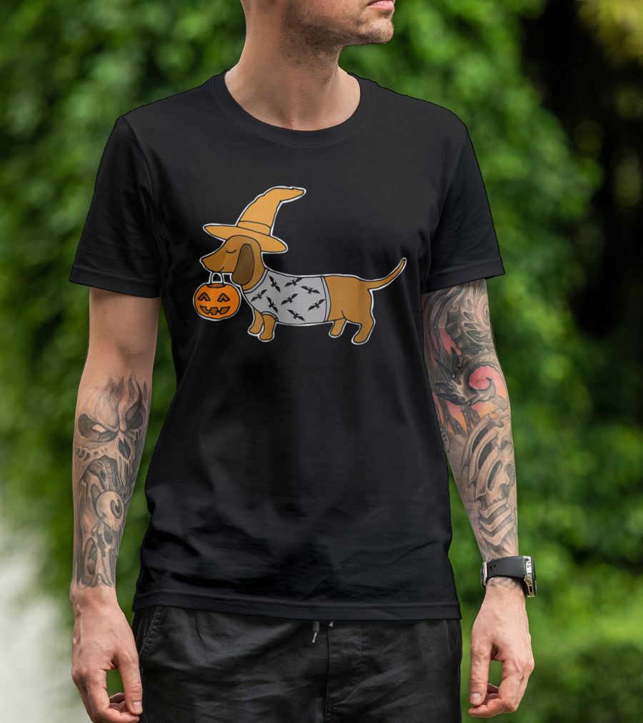 Daschund Halloween Witch Hat Pumpkin Bat Costume T-Shirt