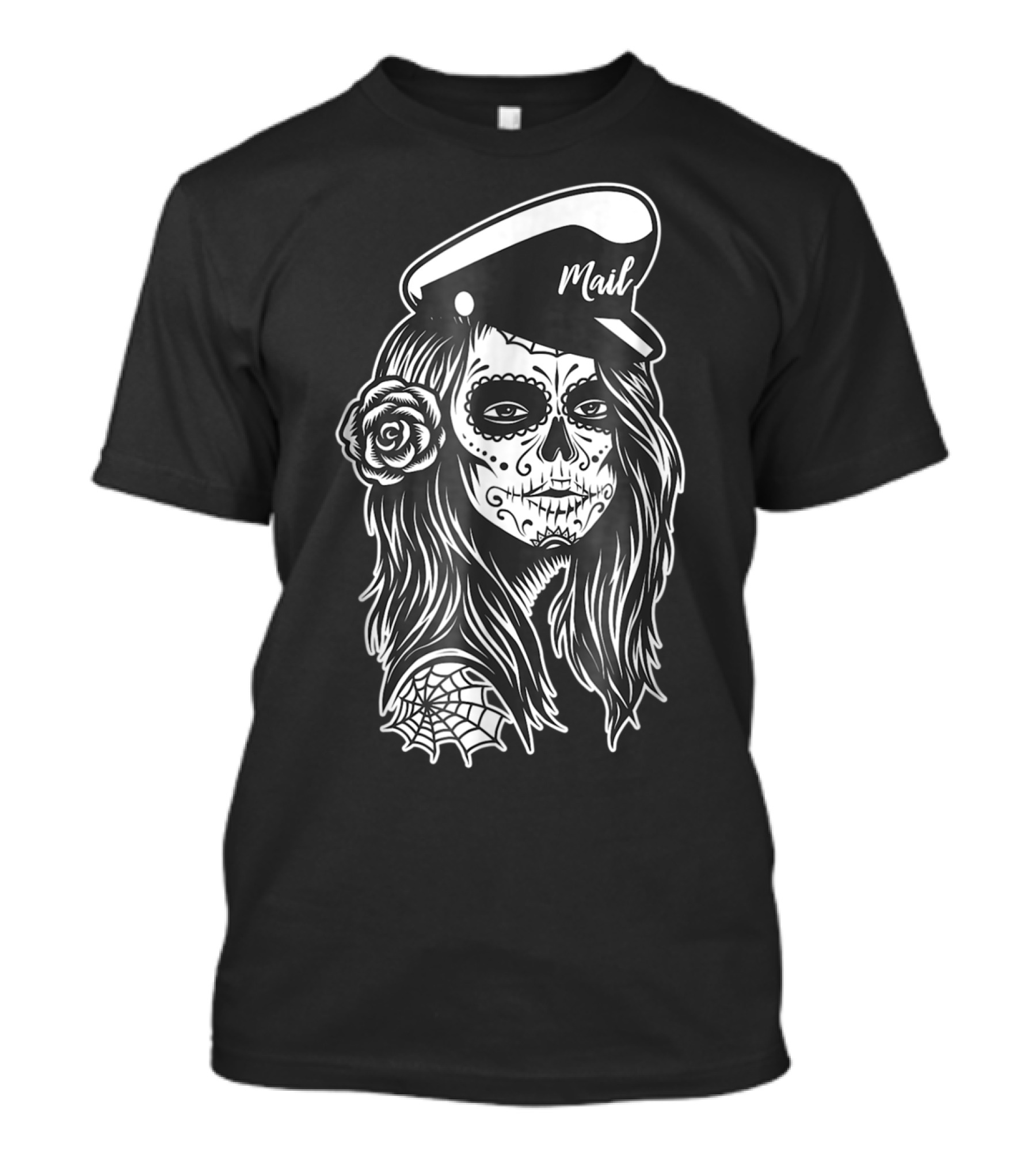 Mailman Halloween Skeleton Sugar Skull With Spider Web And Rose T-Shirt