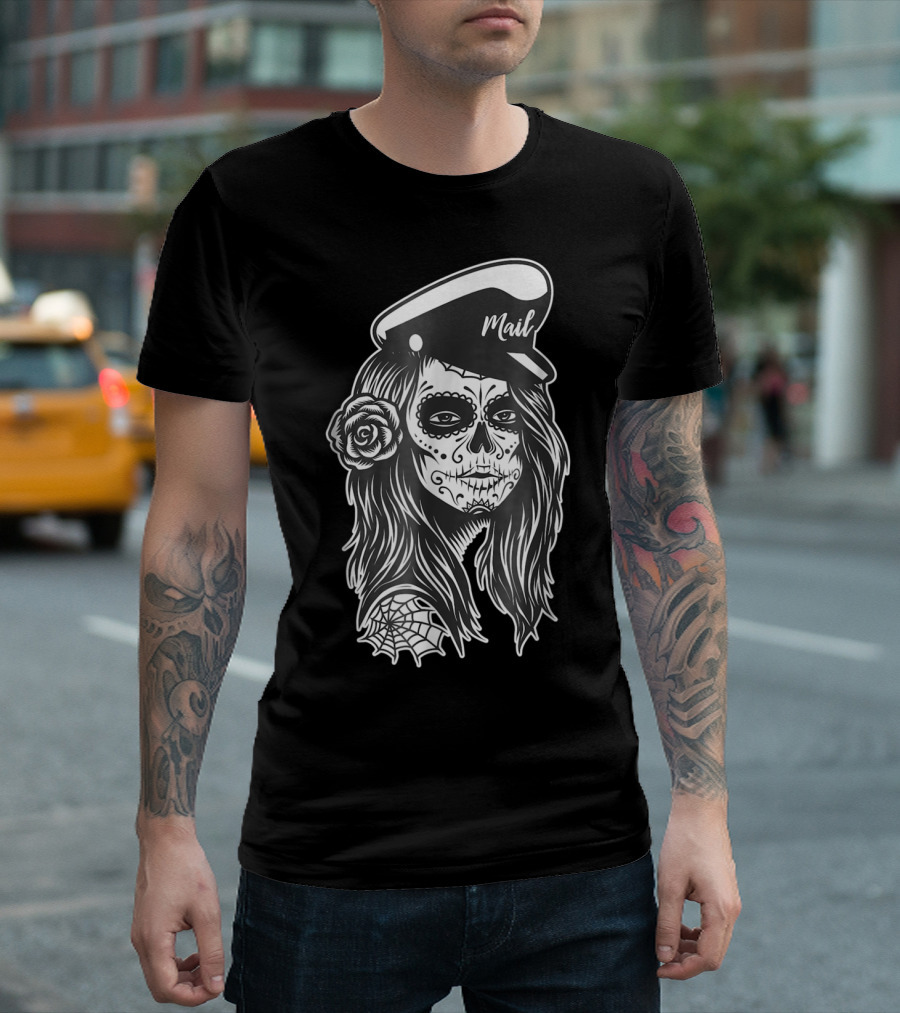 Mailman Halloween Skeleton Sugar Skull With Spider Web And Rose T-Shirt