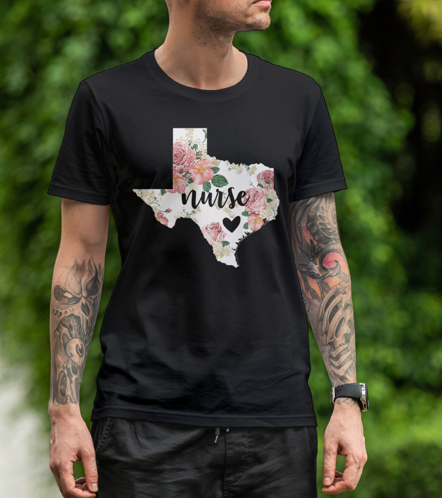 Floral Texas Nurse Pride With Heart Symbol And Home State T-Shirt