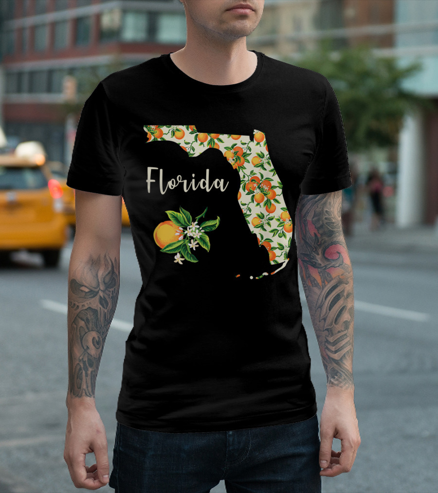 Florida Map With Orange Blossom And Handwritten Text T-Shirt