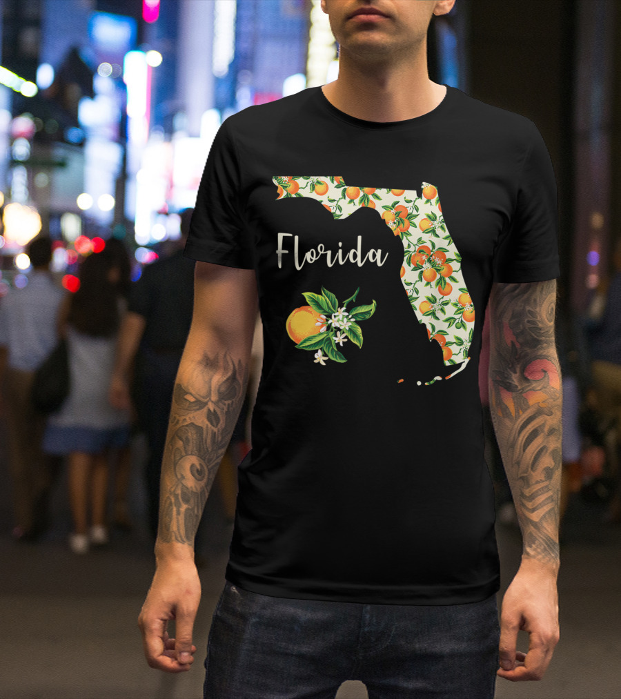 Florida Map With Orange Blossom And Handwritten Text T-Shirt