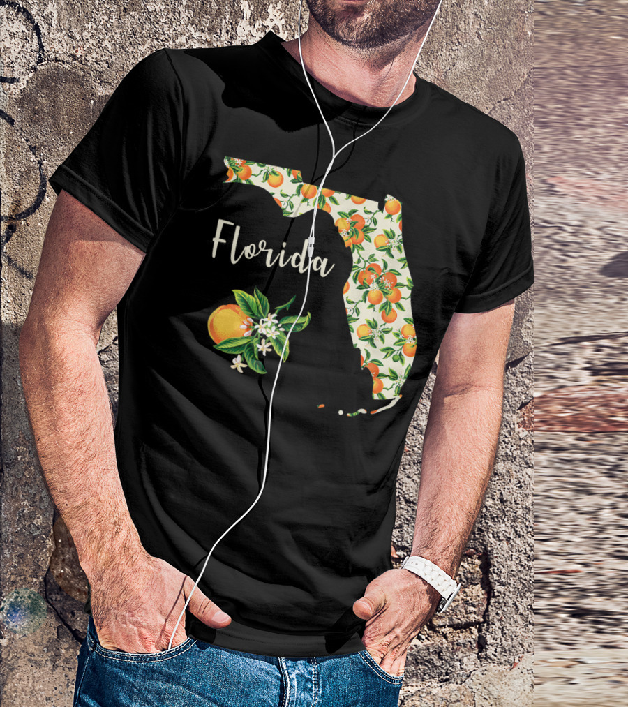 Florida Map With Orange Blossom And Handwritten Text T-Shirt