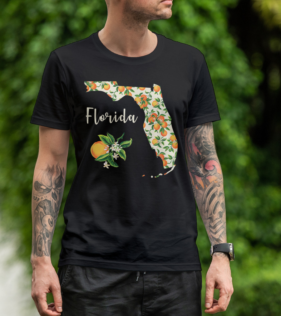 Florida Map With Orange Blossom And Handwritten Text T-Shirt