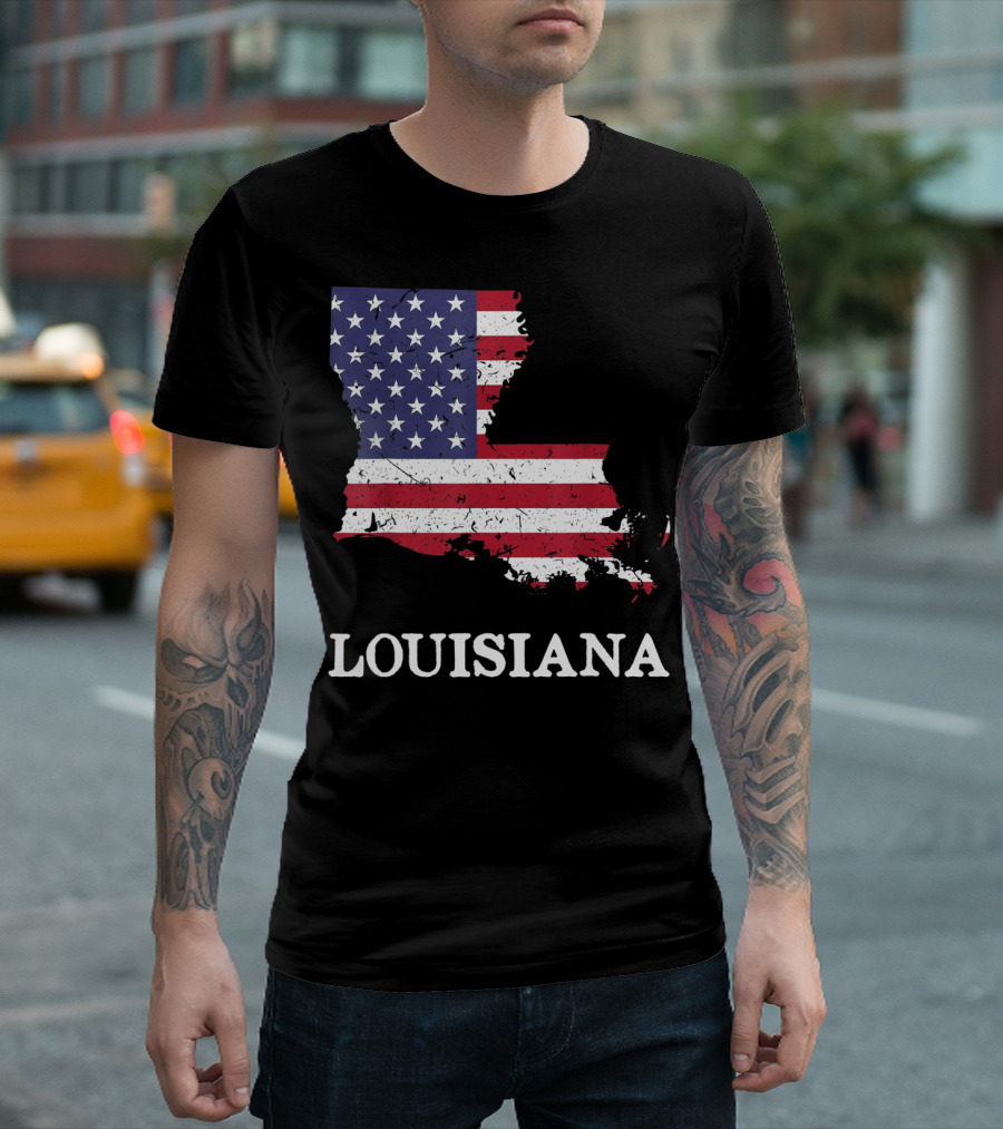 Louisiana Map American Flag 4Th Of July T-Shirt