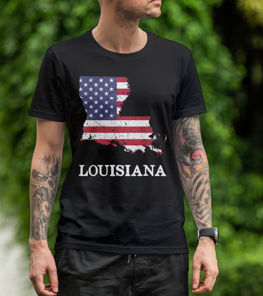 Louisiana Map American Flag 4Th Of July T-Shirt