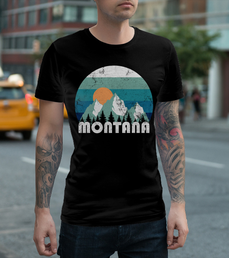 Montana Mountains Sunset Retro Stripes T-Shirt