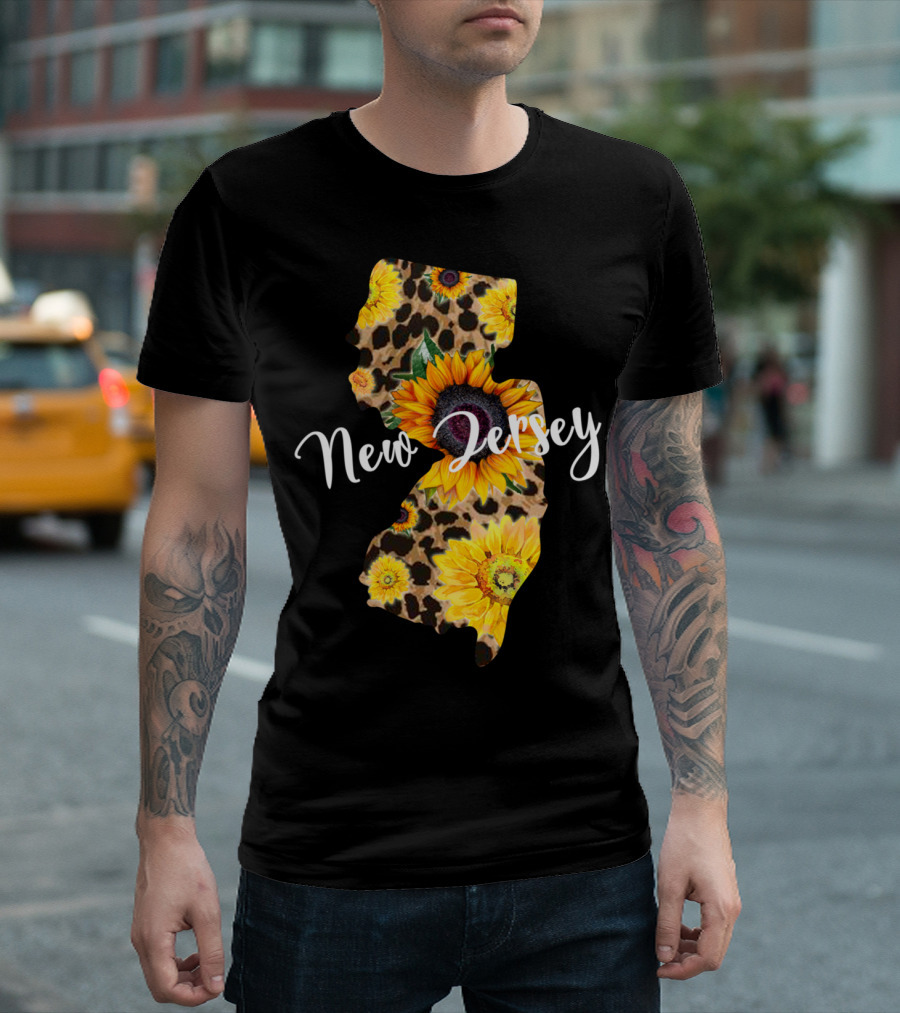 New Jersey Sunflower Leopard Print Map Wildflower T-Shirt