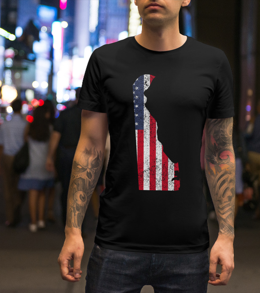 State Of Delaware With American Flag T-Shirt