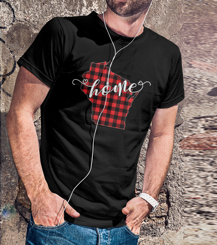 Wisconsin State Outline Red Black Plaid Home Winter T-Shirt