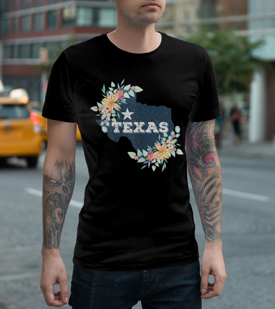 Texas Lone Star State Map With Floral Accents T-Shirt