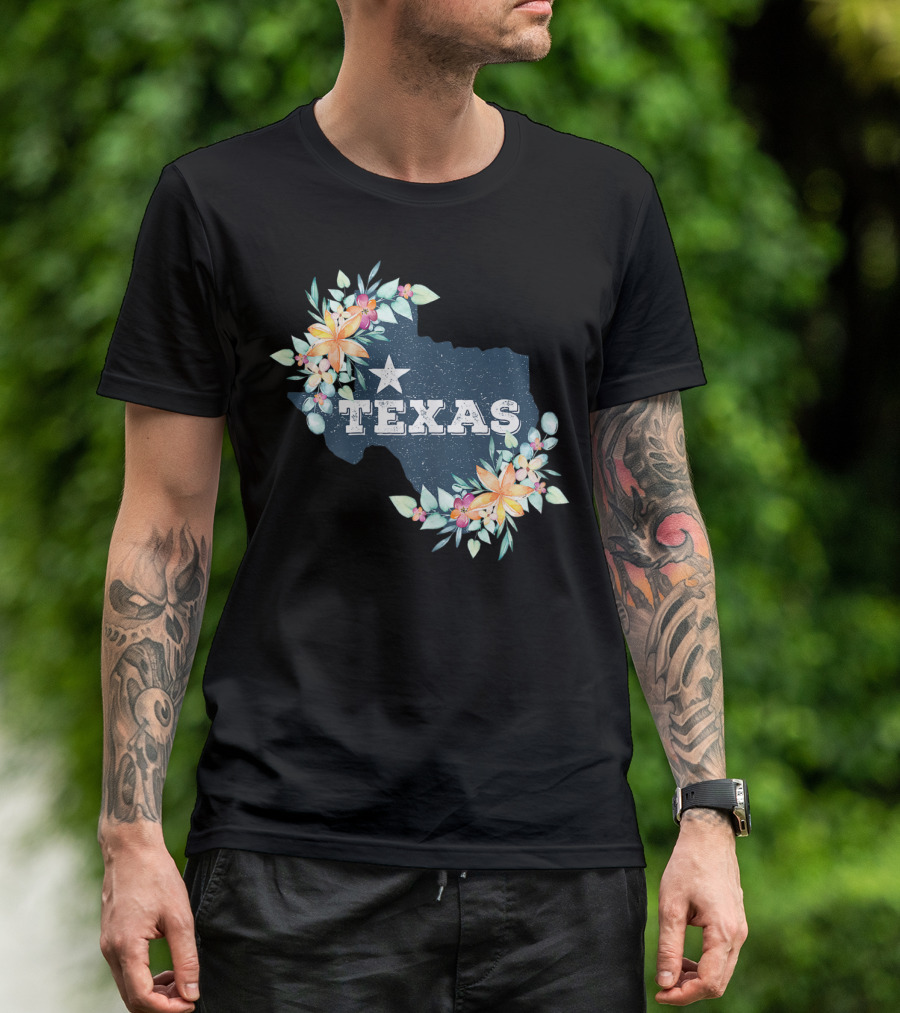 Texas Lone Star State Map With Floral Accents T-Shirt