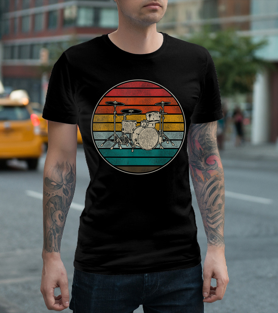 Retro Drums Vintage Sunset Stripes Music Instrument T-Shirt