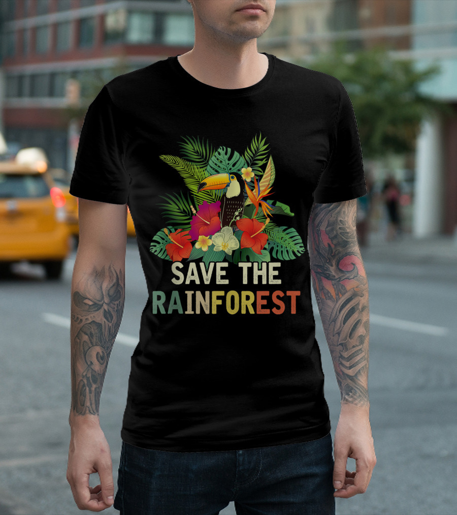 Save The Rainforest Retro Style Earth Day Toucan and Tropical Flowers T-Shirt