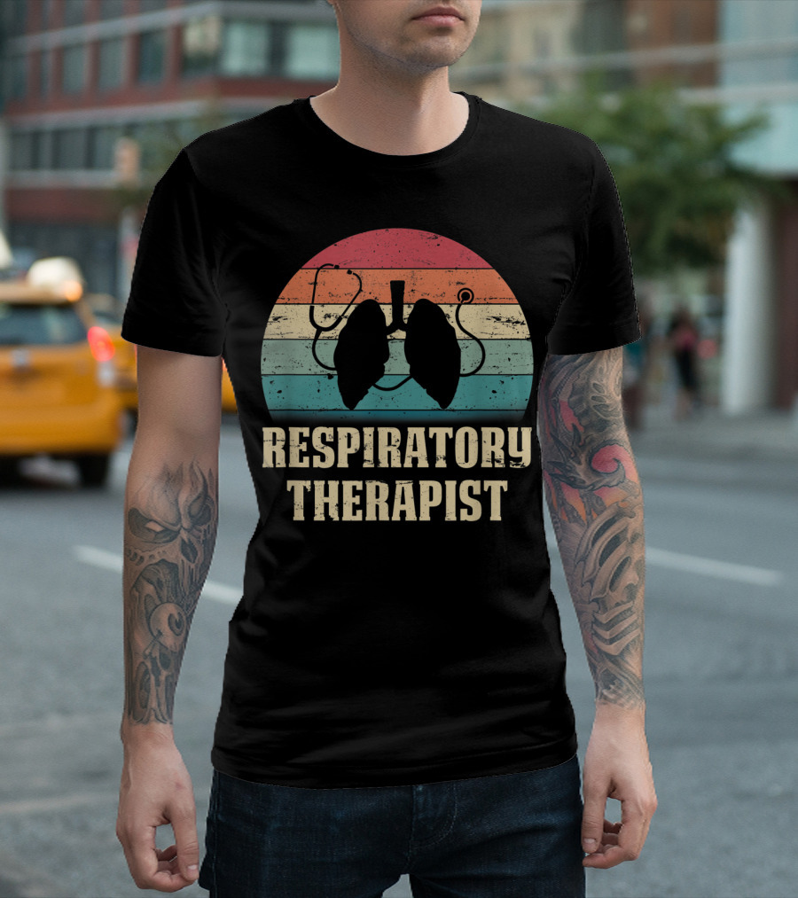 Retro Vintage Respiratory Therapist Lover Silhouette With Stethoscope And Lungs T-Shirt