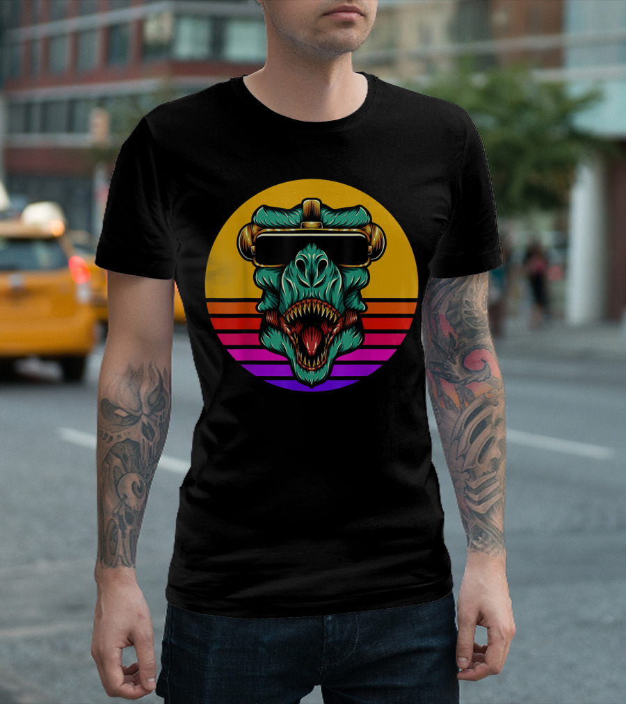 Retro Vintage Rex Dinosaur Sunset Cyberpunk T-Shirt