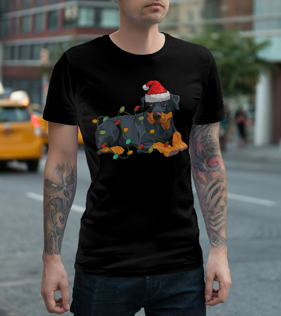 Rotwiller Christmas Lights Santa Hat T-Shirt