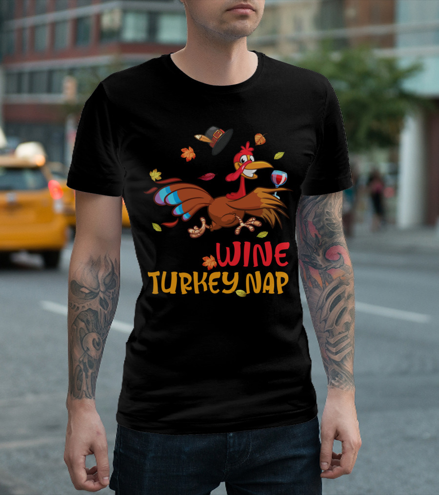 Run Wine Turkey Nap Funny Thanksgiving Runner Turkey with Wine and Autumn Leaves T-Shirt